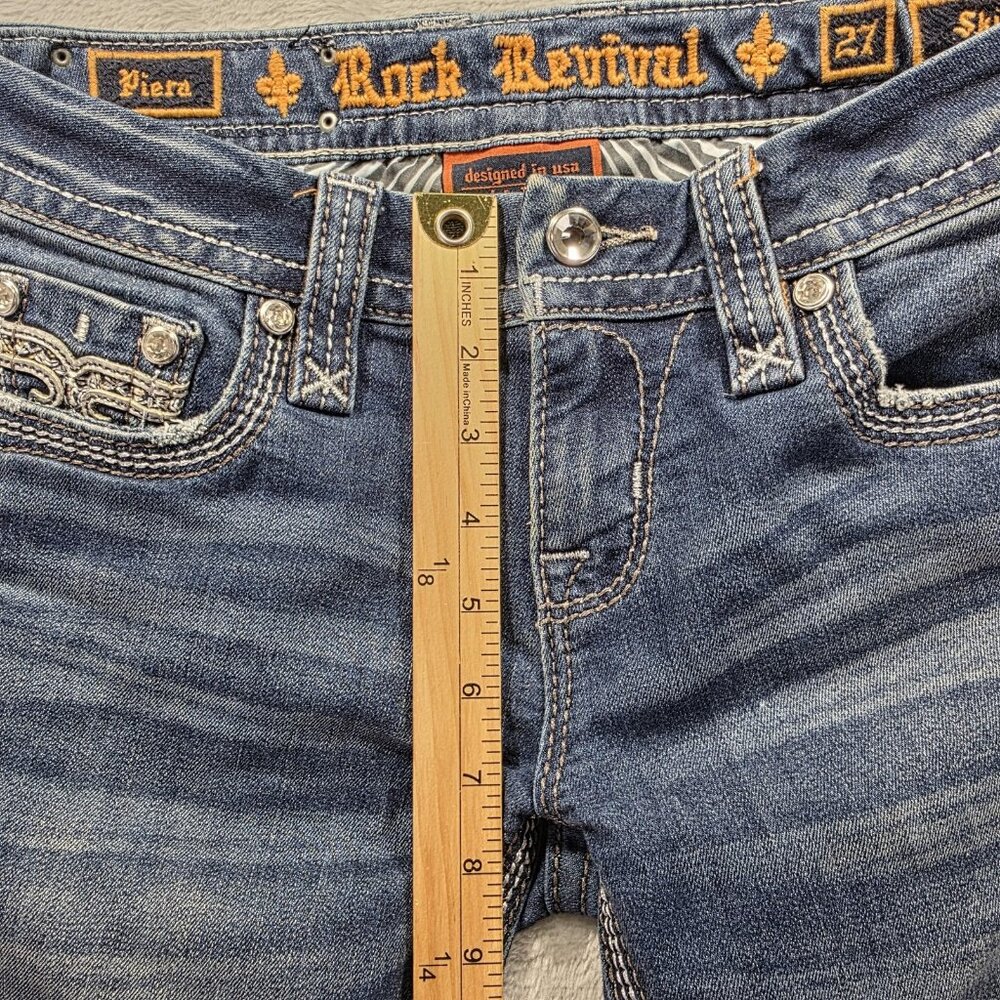 Rock Revival Jeans Womens 27 Blue Piera Skinny Raw Hem Embroidered Fleur de Lis - Picture 10 of 11